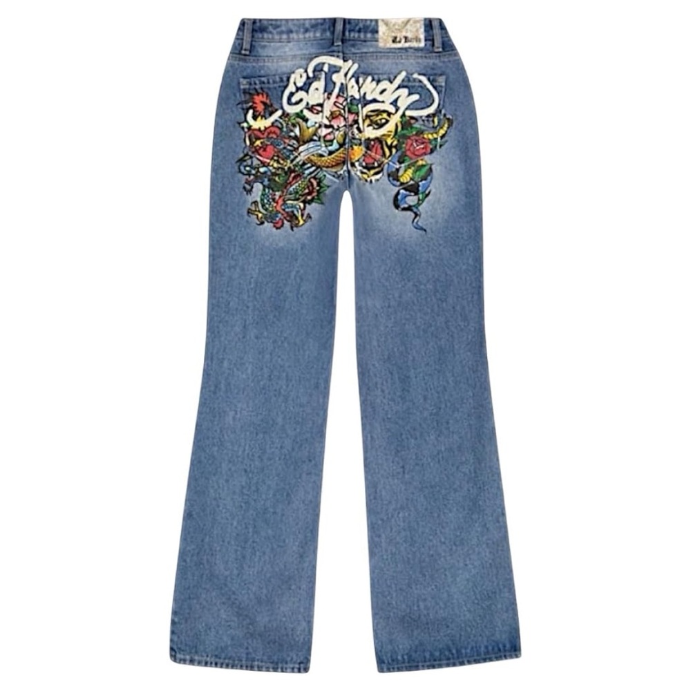 Ed Hardy Blue Denim Wide Leg Jeans with Multicolor Back Embroidery